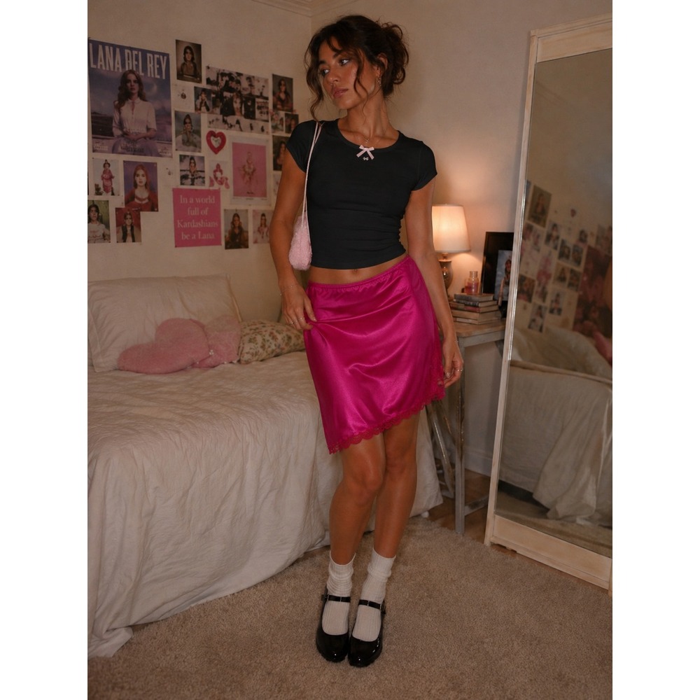 y2k‎ hot pink satin slip skirt coquette fairycore indie sleaze lana del rey mini